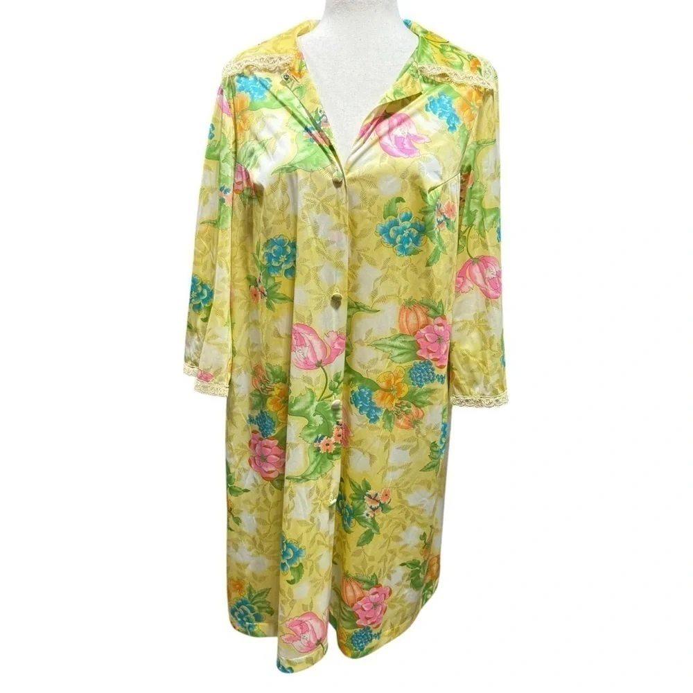 Vanity Fair 70s Vintage Yellow Floral Satin Robe Sz 34 Small Lace Pumpkin Fall